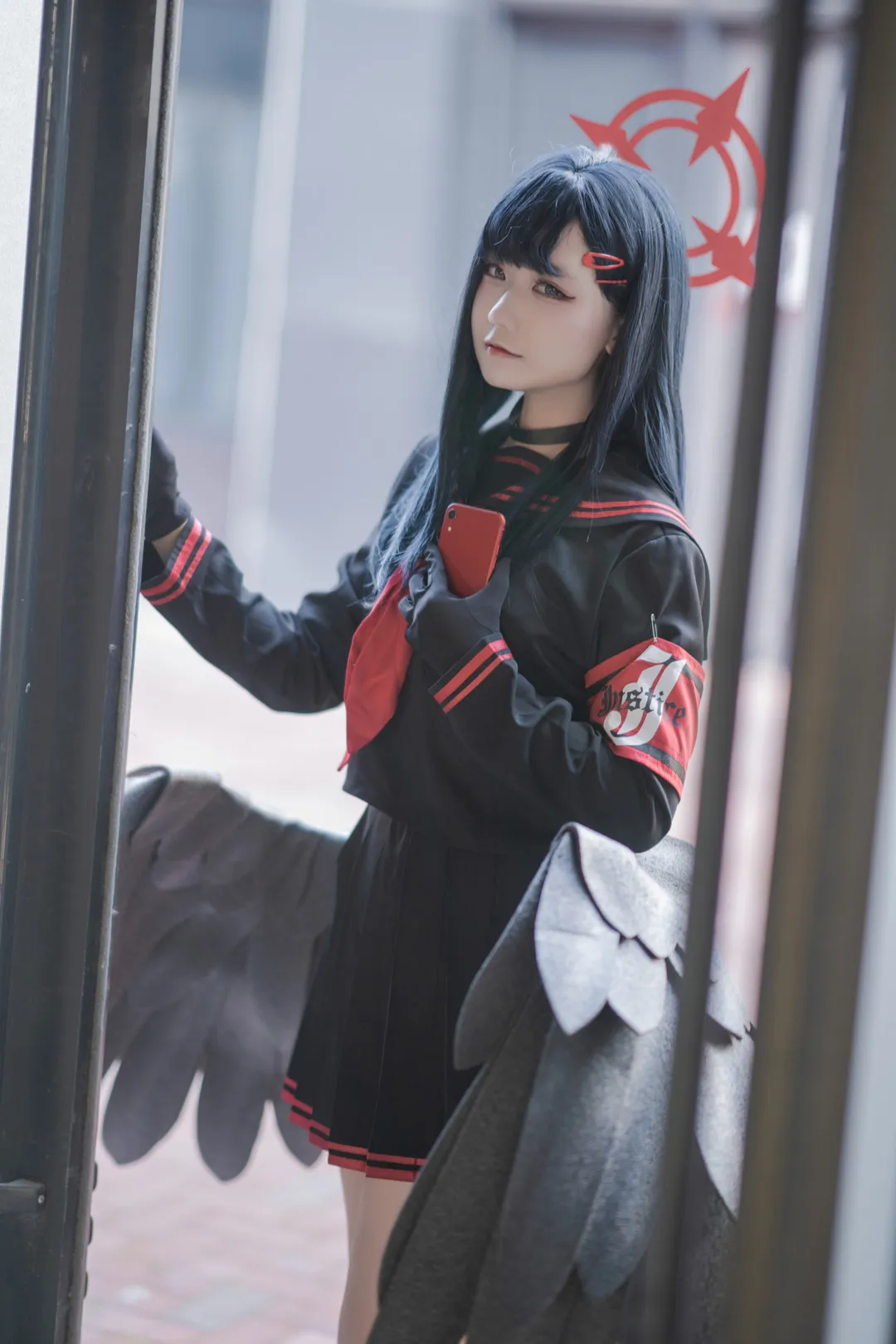lunananya深蓝长发齐刘海黑红水手制服紫色伞面cos写真