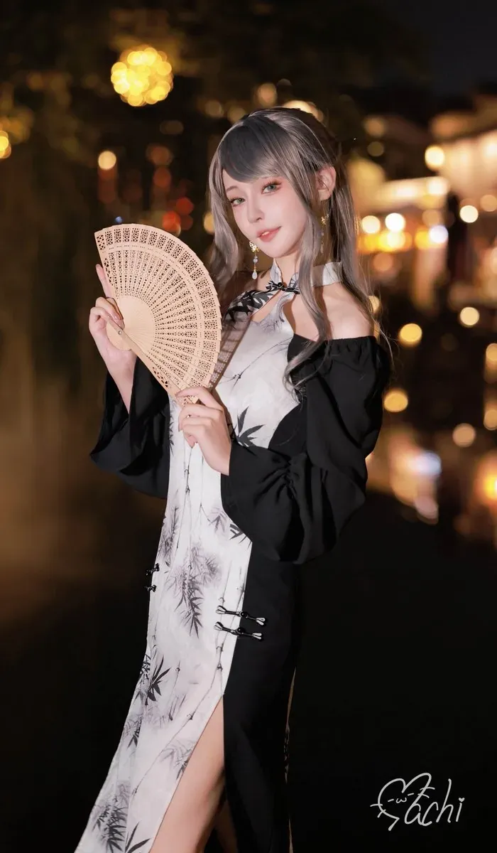 Machi馬吉灰色长发黑白旗袍折扇夜景写真