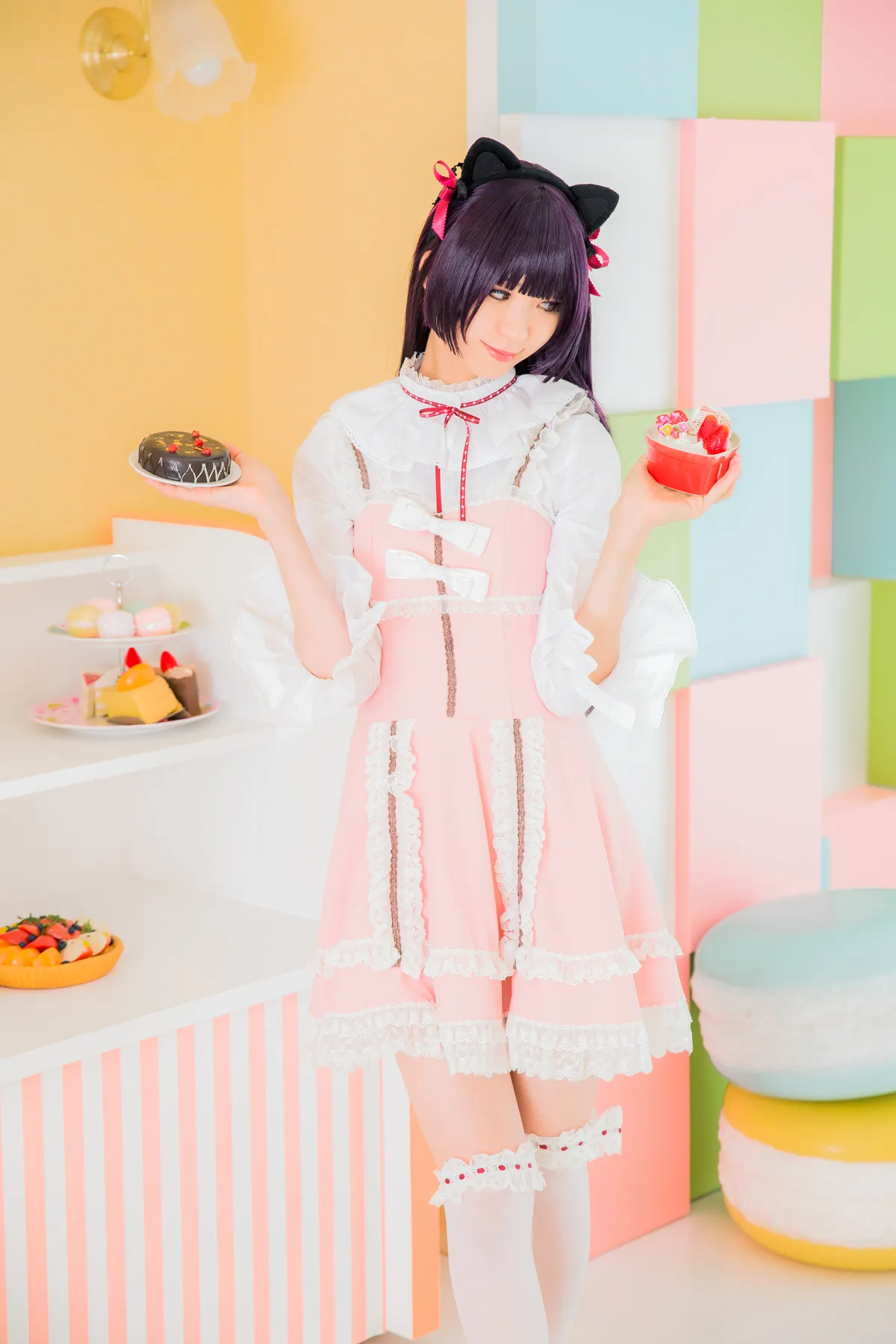 Mikehouse紫色长发黑色猫耳粉白洛丽塔服饰甜点背景cos写真