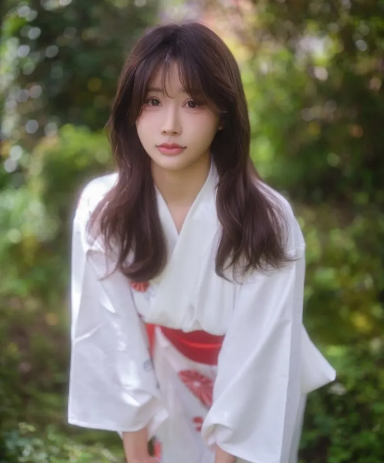 YeonYu 长发白色和风服装站在绿植背景前