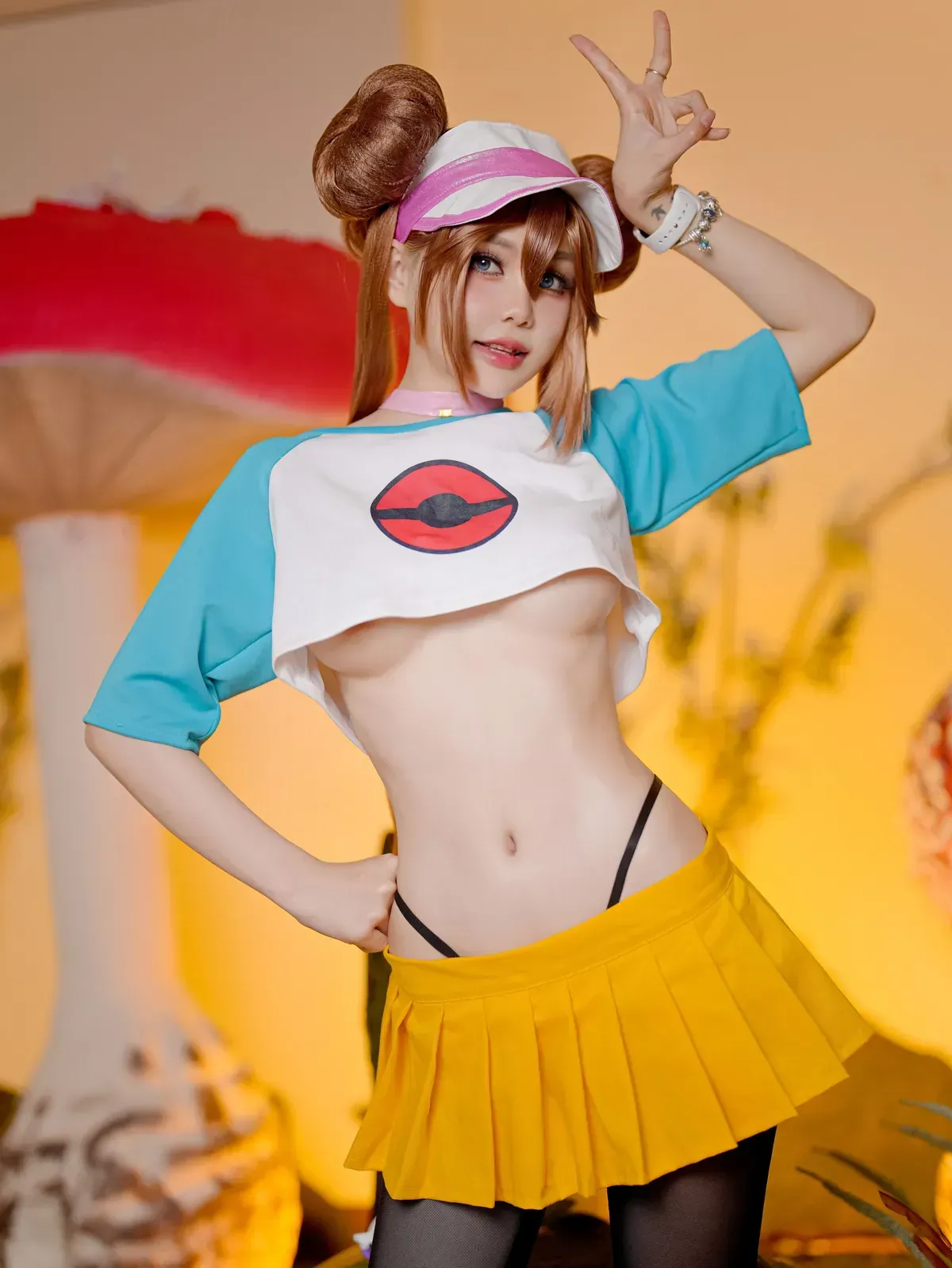 Joyce粉白帽子白蓝短款上衣黄色百褶裙宝可梦风格cosplay