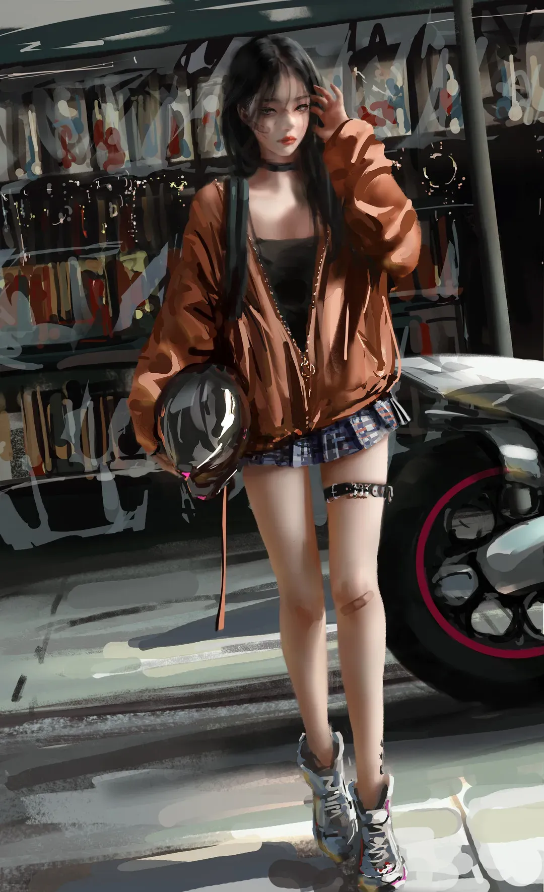 WLOP鬼刀橙色外套少女站在机车旁的都市插画