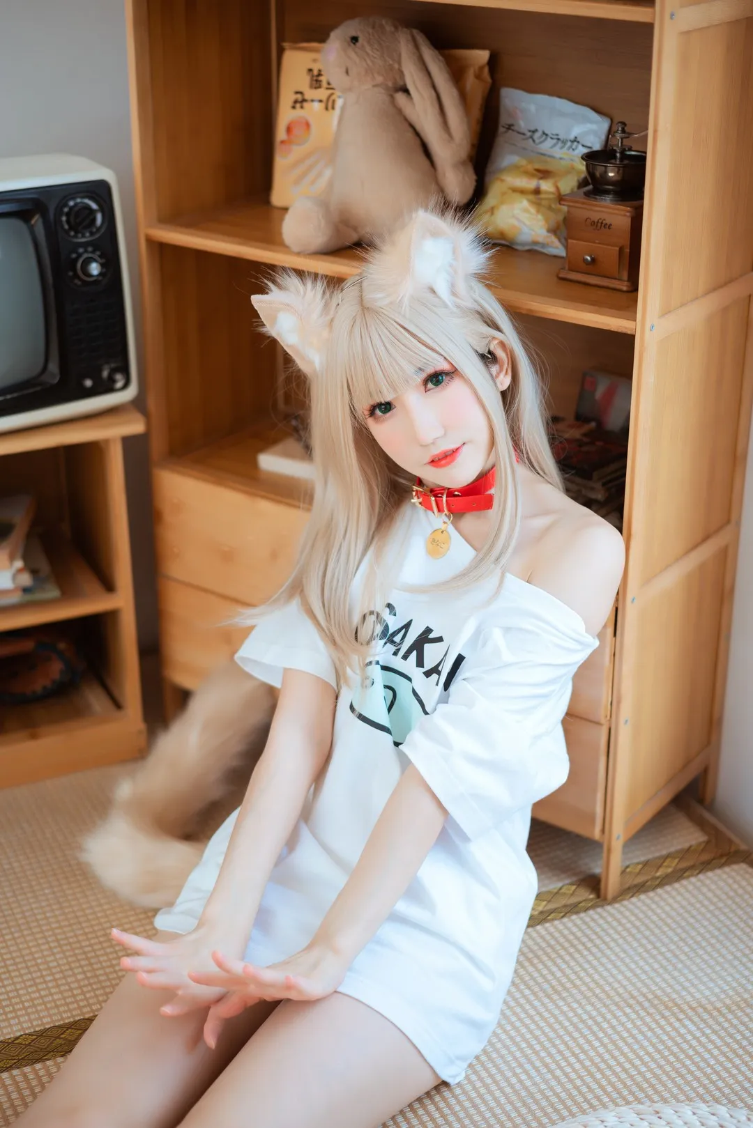 coser衣衣白色长发猫耳红色项圈木柜前居家写真